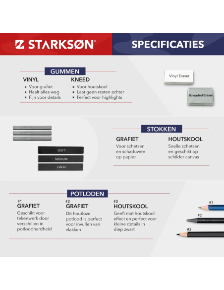 SET 41 Piezas de Lápices de Dibujo con Carboncillo y Grafito Starkson