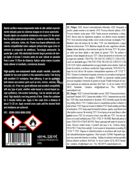 Spray Bolt Barniz Acrílico Mate 1K 400 Ml