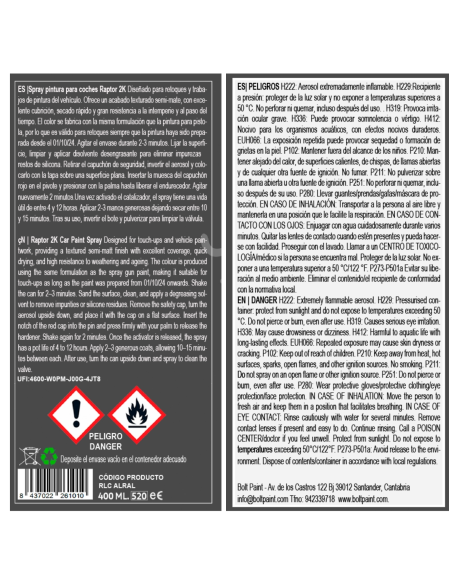 Spray Bolt Pintura Raptor 2K Colores Personalizados 400 Ml