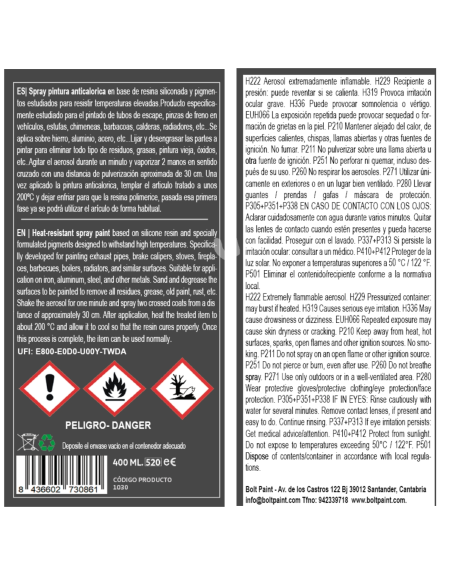 Spray Bolt Pintura Anticalorica Rojo 600ºc 400 Ml