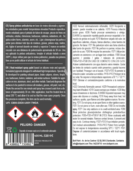 Spray Bolt Pintura Anticalorica Blanco 600ºc 400 Ml