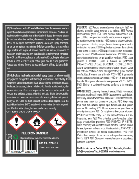 Spray Bolt Barniz Anticalorico Transparente 600ºc 400 Ml