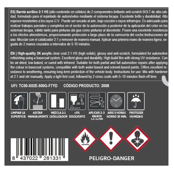 Kit Barniz + Catalizador Hs 2:1 Normal 2K Bolt 1,5 Lt